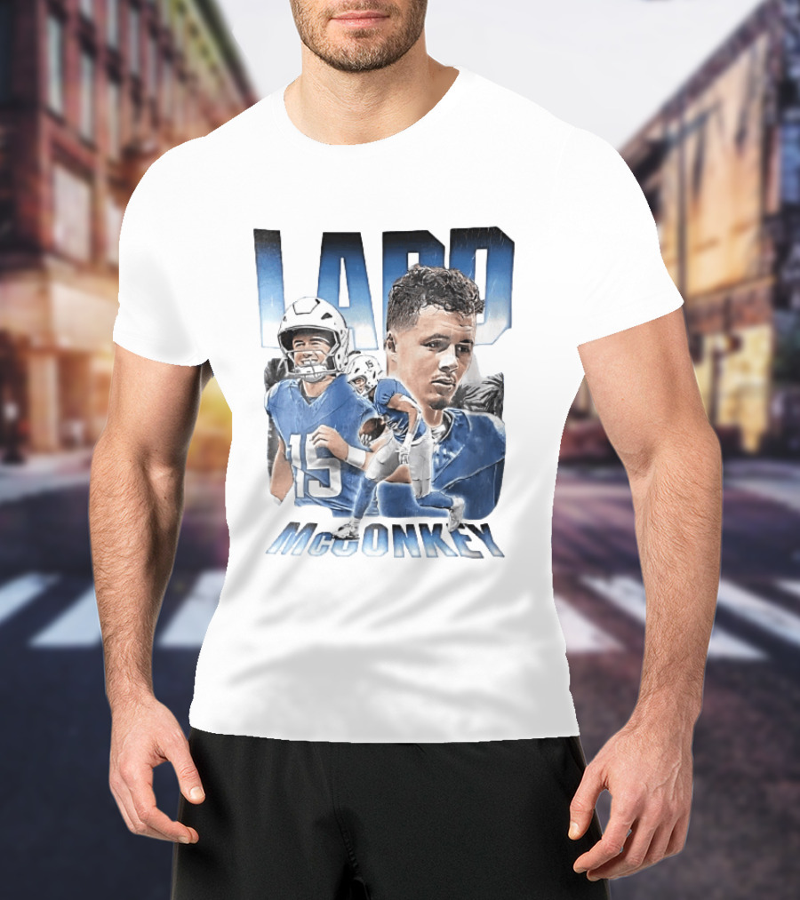 Ladd McConkey Number 15 Football Player Blue Jersey Collage T-Shirt