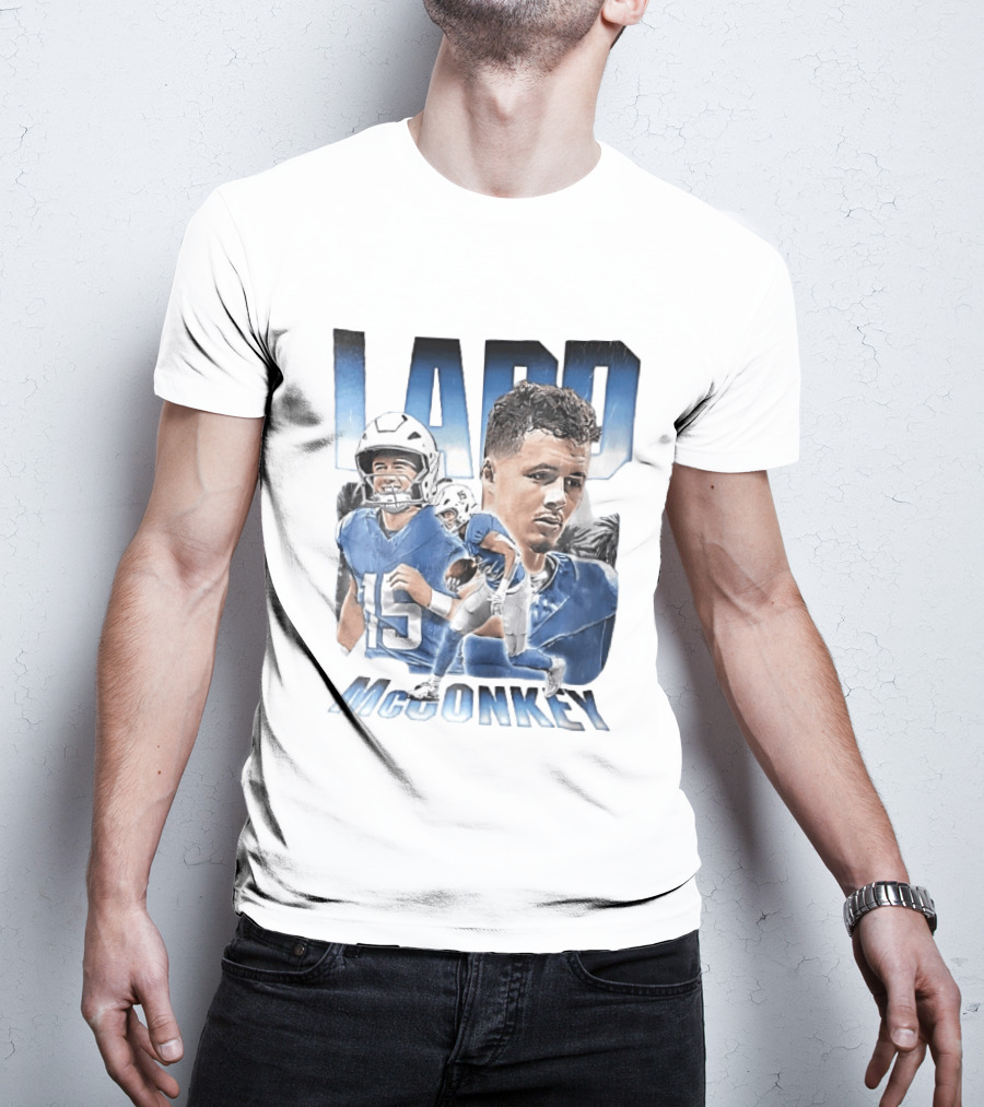 Ladd McConkey Number 15 Football Player Blue Jersey Collage T-Shirt