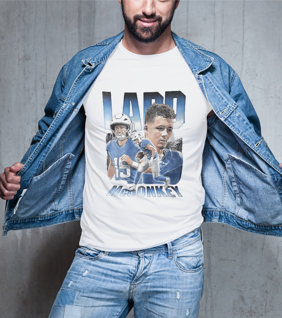 Ladd McConkey Number 15 Football Player Blue Jersey Collage T-Shirt