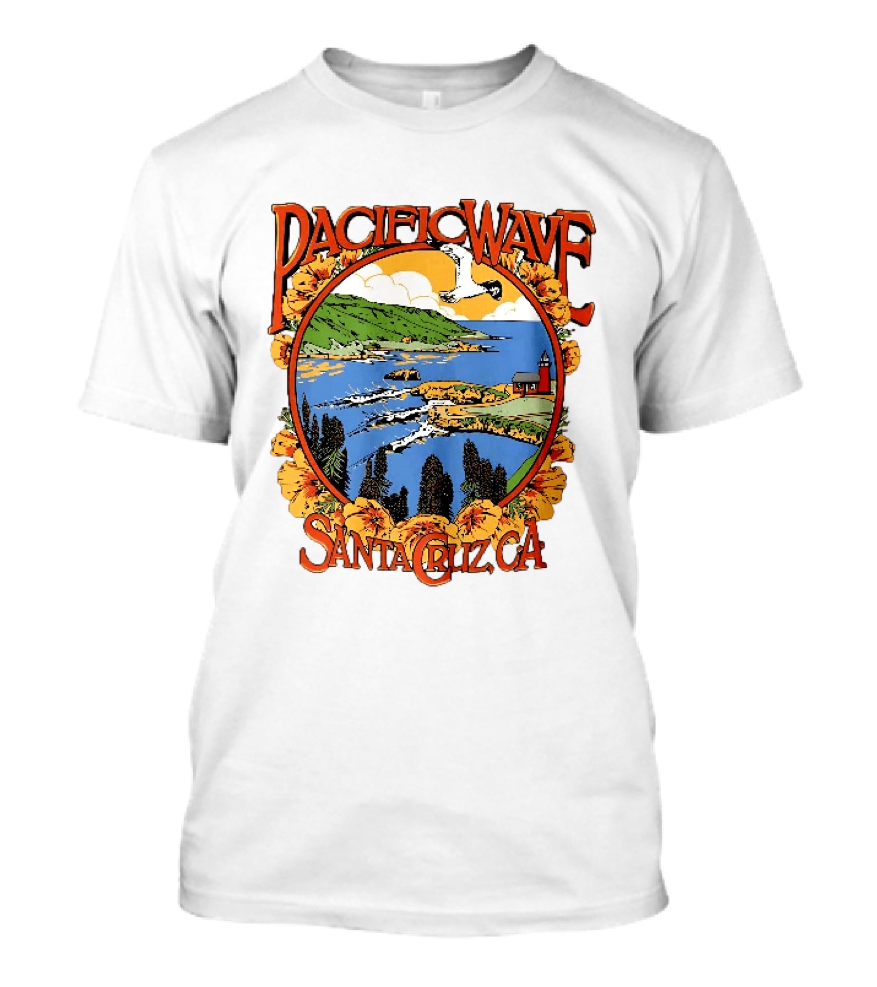 Pacific Wave Santa Cruz CA Coastal Lighthouse Ocean Seagull Flowers Scenic T-Shirt
