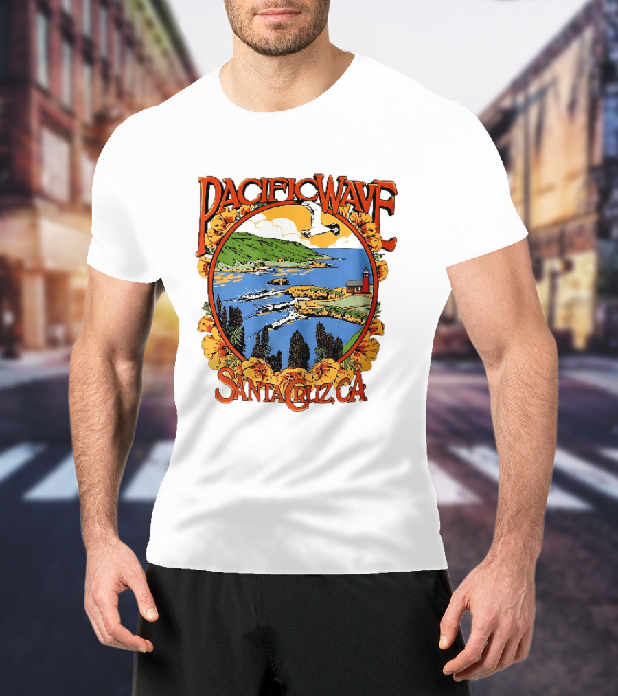 Pacific Wave Santa Cruz CA Coastal Lighthouse Ocean Seagull Flowers Scenic T-Shirt