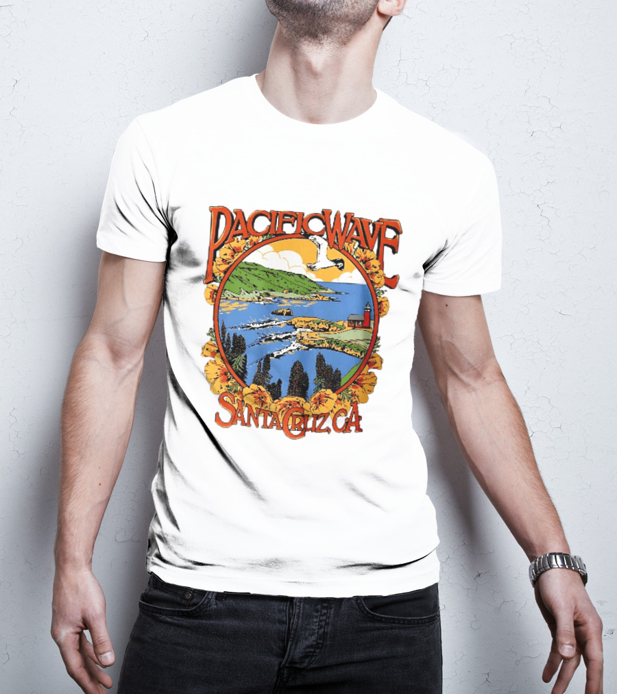 Pacific Wave Santa Cruz CA Coastal Lighthouse Ocean Seagull Flowers Scenic T-Shirt