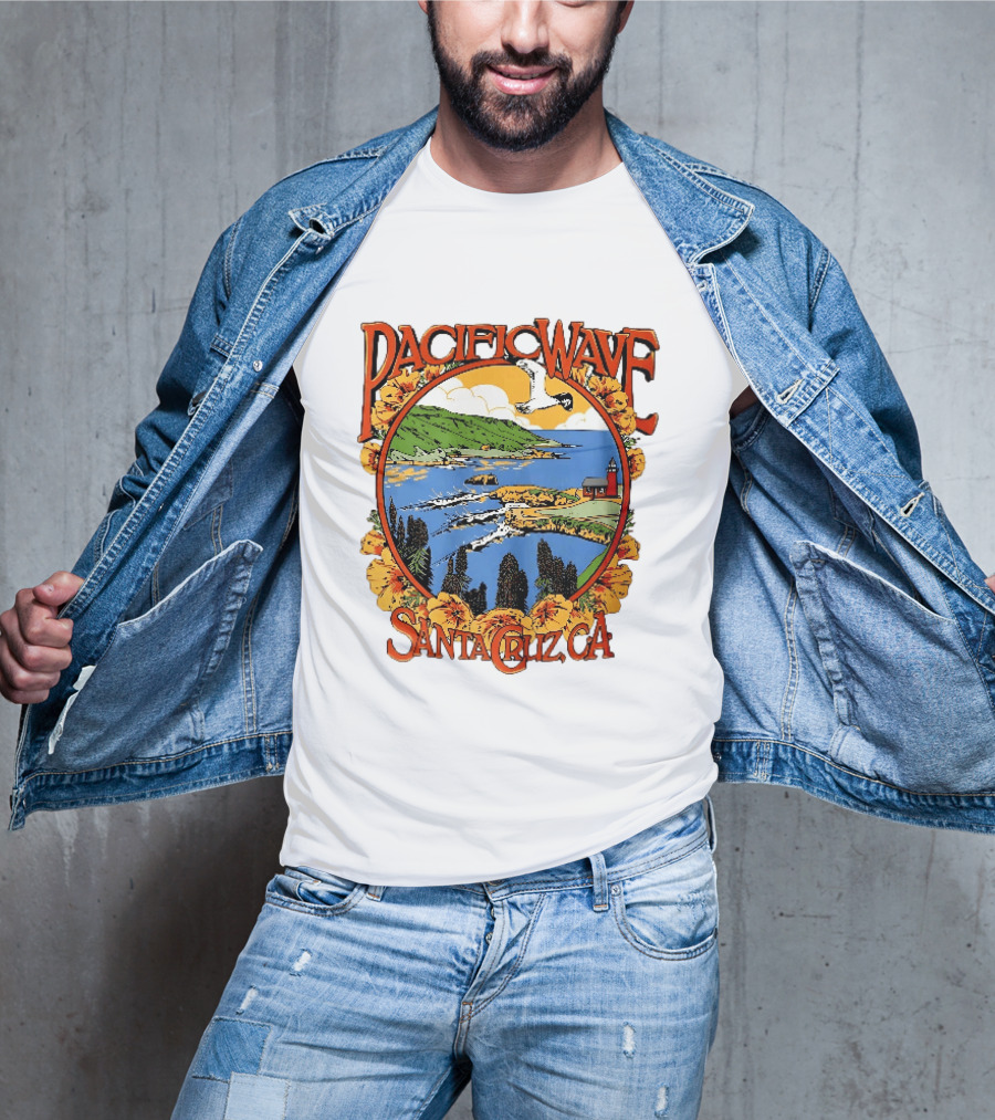 Pacific Wave Santa Cruz CA Coastal Lighthouse Ocean Seagull Flowers Scenic T-Shirt