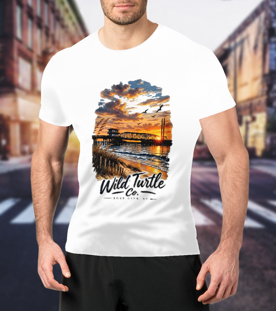 Wild Turtle Co Surf City NC Beach Dunes Pier Sunset Flying Birds T-Shirt