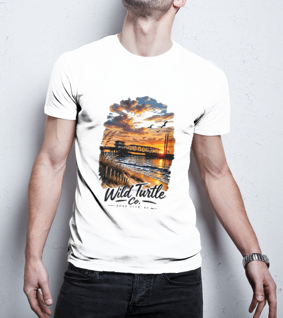 Wild Turtle Co Surf City NC Beach Dunes Pier Sunset Flying Birds T-Shirt