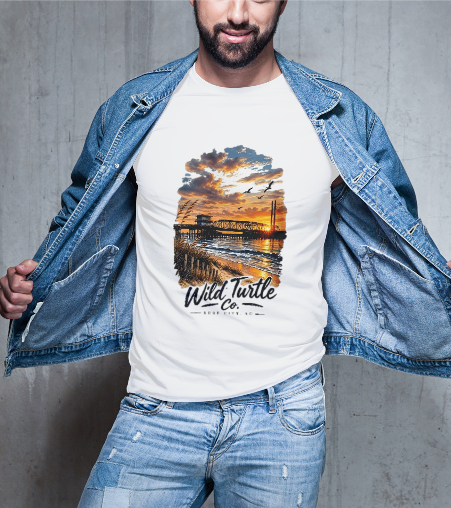 Wild Turtle Co Surf City NC Beach Dunes Pier Sunset Flying Birds T-Shirt