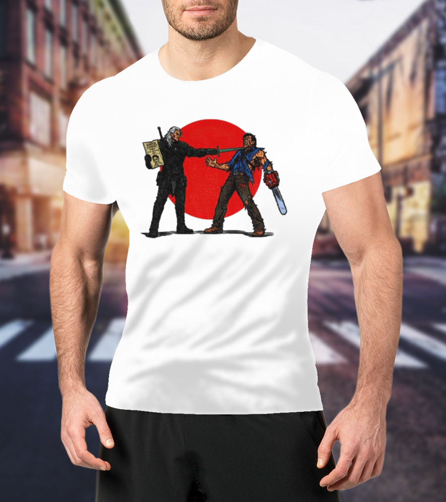 Geralt Vs Ash Evil Dead Or Alive Red Circle Showdown T-Shirt