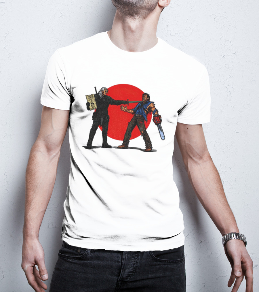 Geralt Vs Ash Evil Dead Or Alive Red Circle Showdown T-Shirt