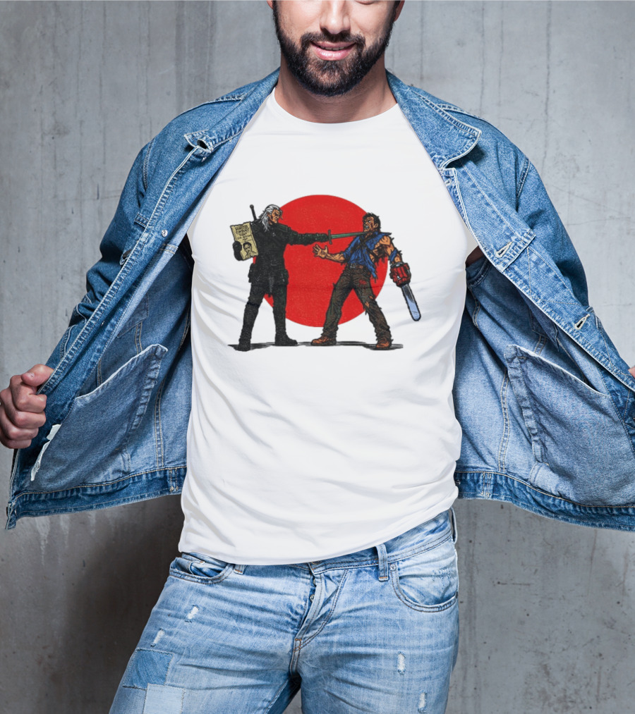 Geralt Vs Ash Evil Dead Or Alive Red Circle Showdown T-Shirt