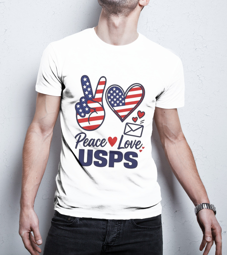 Peace Love USPS American Flag Heart And Mail T-Shirt