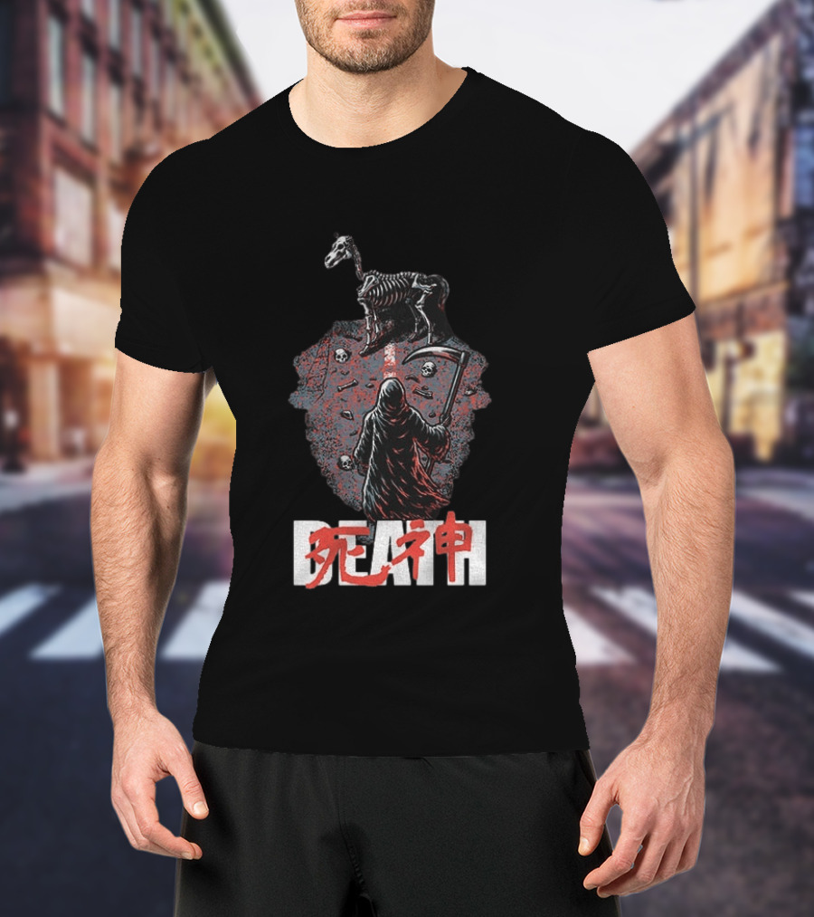 Grim Reaper Death Rider Japanese Kanji Skulls Scythe T-Shirt