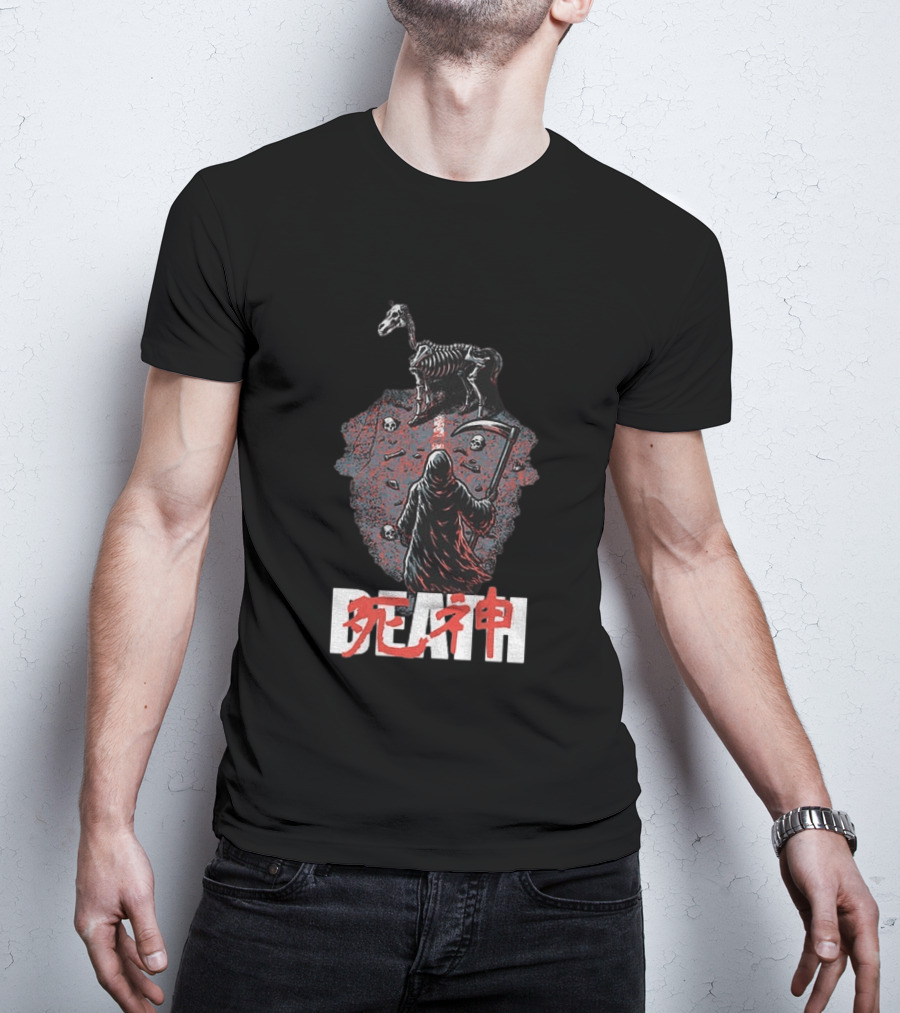 Grim Reaper Death Rider Japanese Kanji Skulls Scythe T-Shirt
