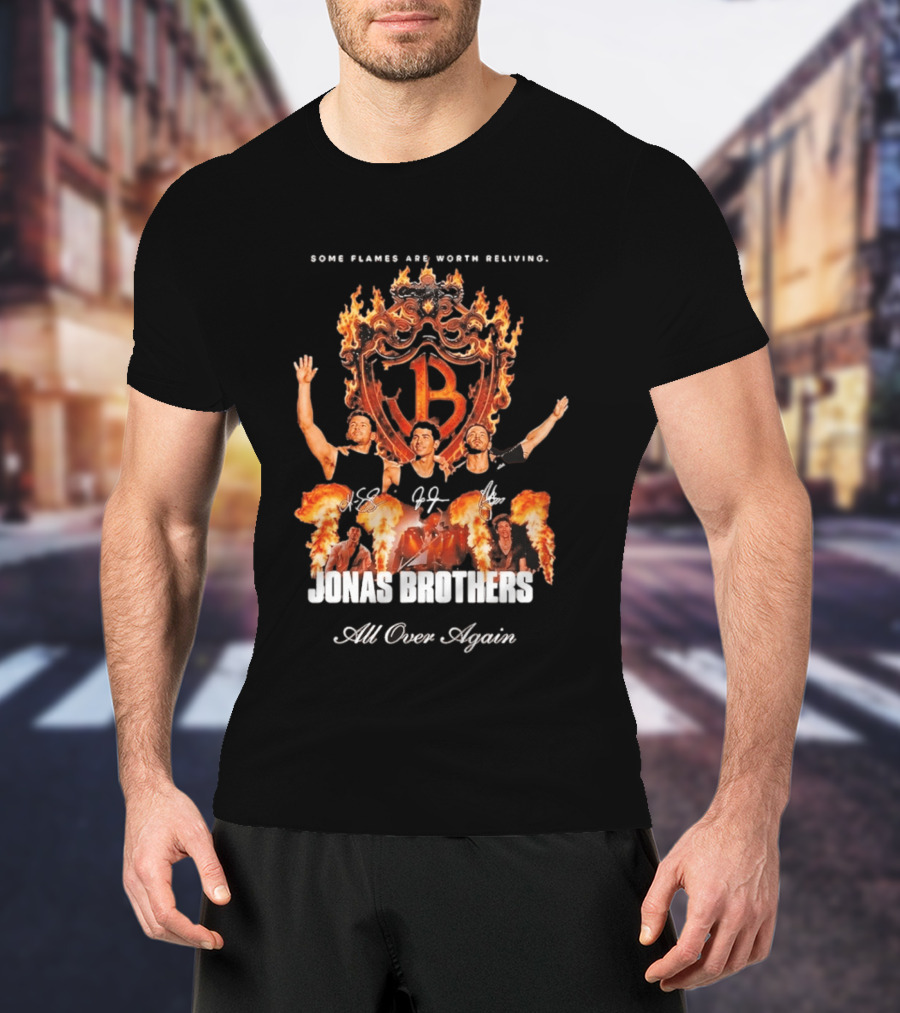 Jonas Brothers Some Flames Are Worth Beliving Tour Flame Signatures All Over Again T-Shirt