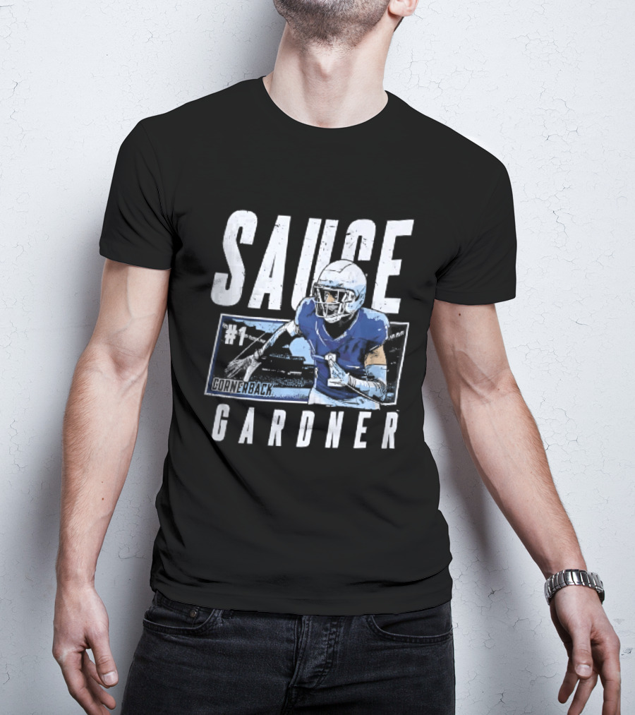 Sauce Gardner Cornerback Football Player Pose Distressed Frame T-Shirt