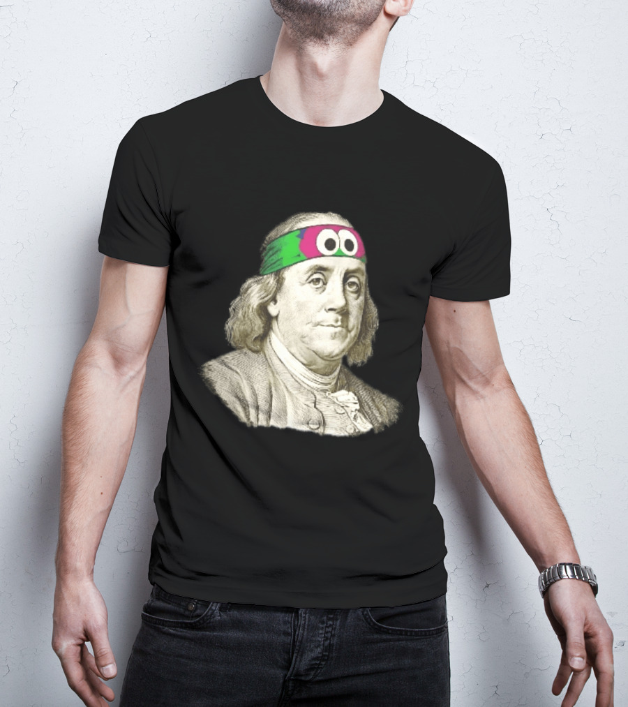 Benjamin Franklin Cartoon With Colorful Ninja Headband And Googly Eyes T-Shirt