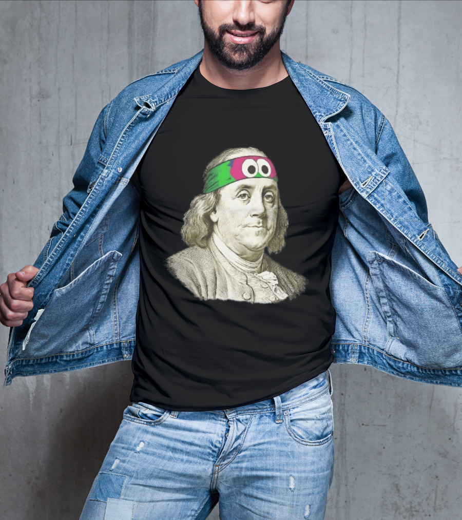 Benjamin Franklin Cartoon With Colorful Ninja Headband And Googly Eyes T-Shirt