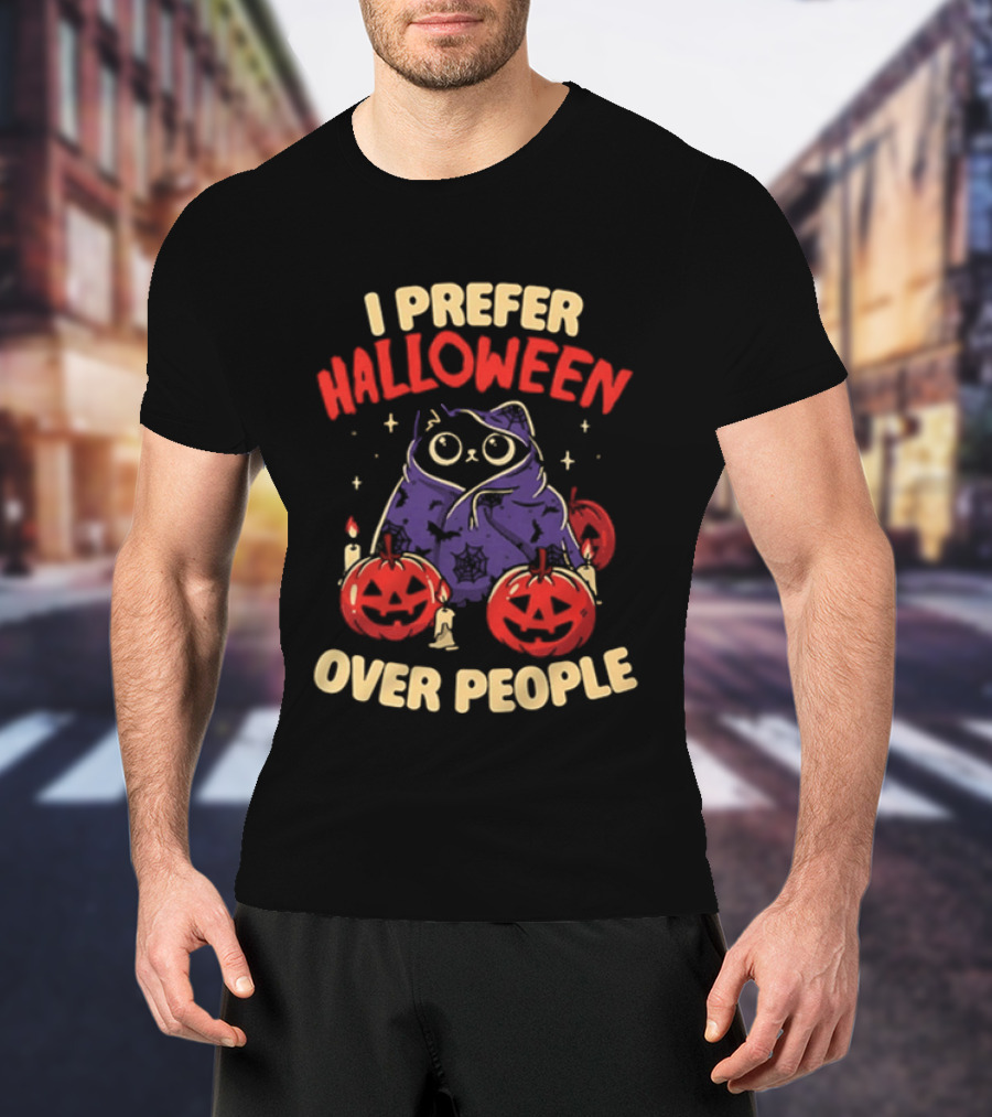 I Prefer Halloween Over People Black Cat Pumpkin Candles T-Shirt