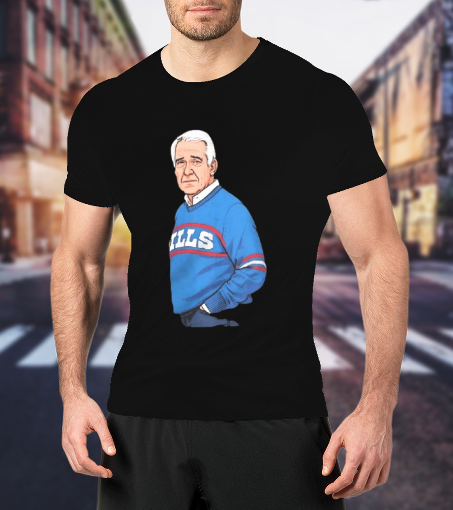 Buffalo Bills Coach Marv Levy Caricature In Blue Sweater With Team Name T-Shirt