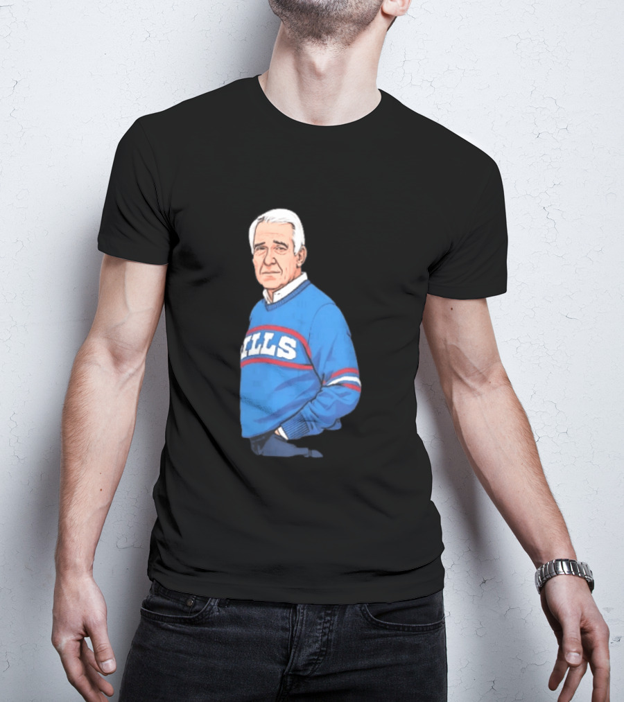 Buffalo Bills Coach Marv Levy Caricature In Blue Sweater With Team Name T-Shirt