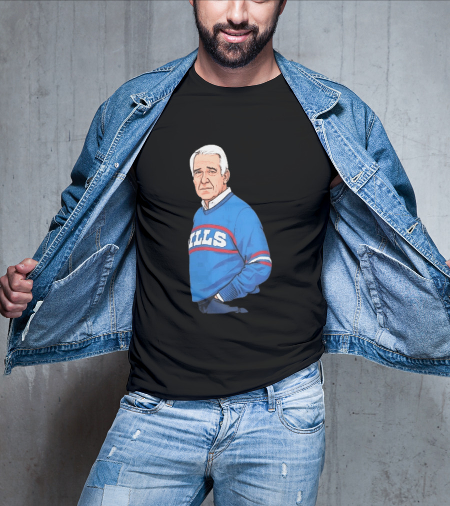 Buffalo Bills Coach Marv Levy Caricature In Blue Sweater With Team Name T-Shirt