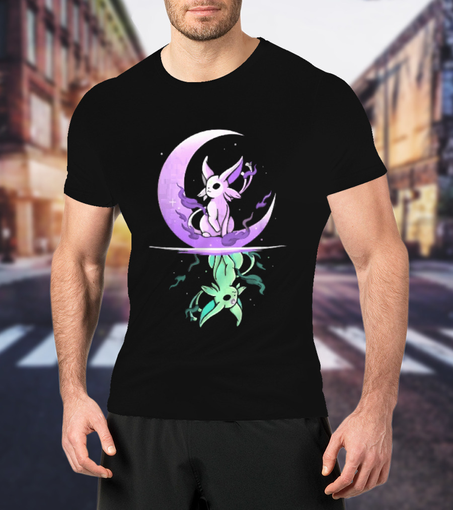 Cartoon Purple Espeon On Crescent Moon With Green Reflection T-Shirt
