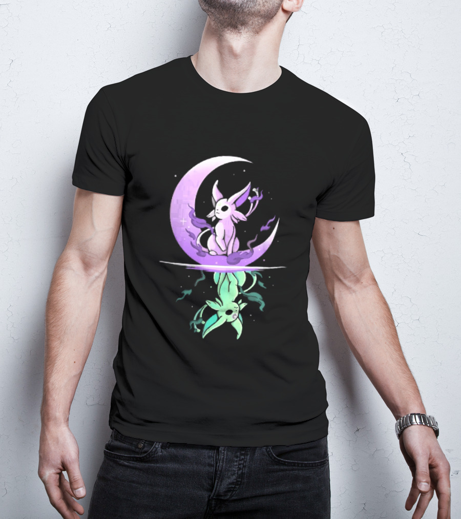 Cartoon Purple Espeon On Crescent Moon With Green Reflection T-Shirt