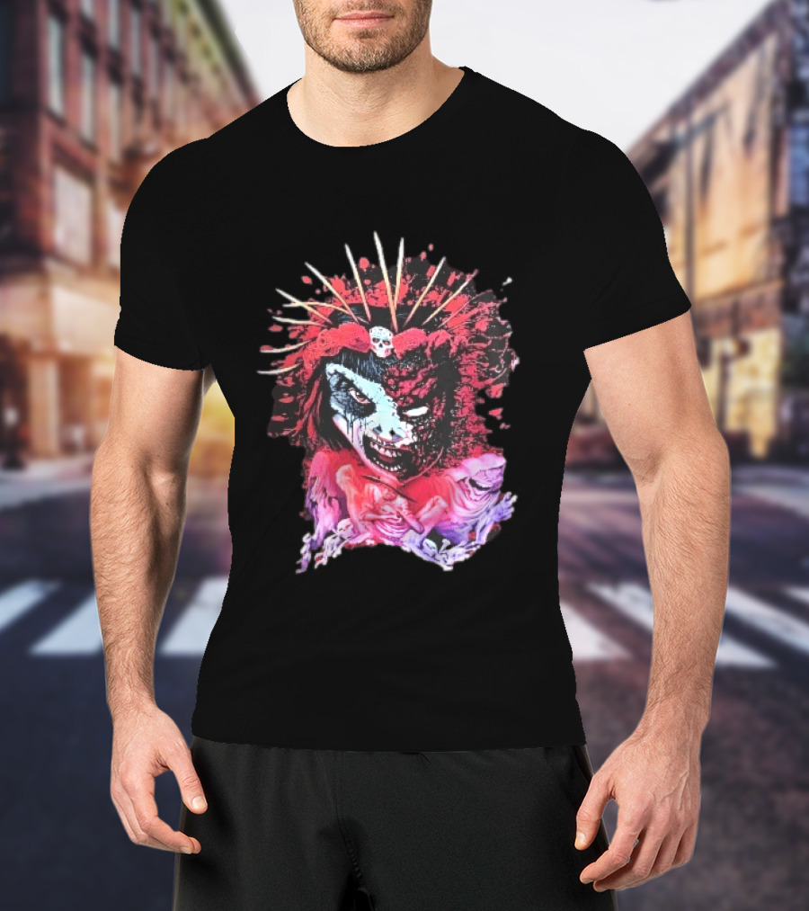 Demonic Japanese Geisha Skull Crown With Red Paint Splatter And Floral T-Shirt