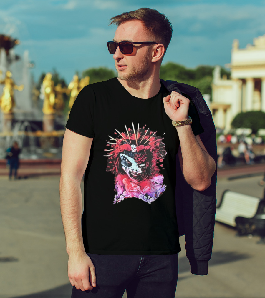 Demonic Japanese Geisha Skull Crown With Red Paint Splatter And Floral T-Shirt