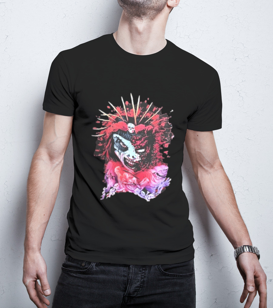 Demonic Japanese Geisha Skull Crown With Red Paint Splatter And Floral T-Shirt