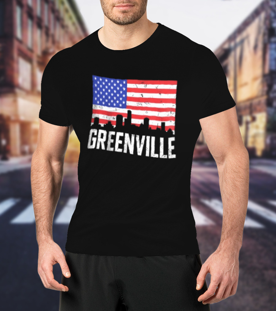 Greenville Skyline American Flag Cityscape T-Shirt