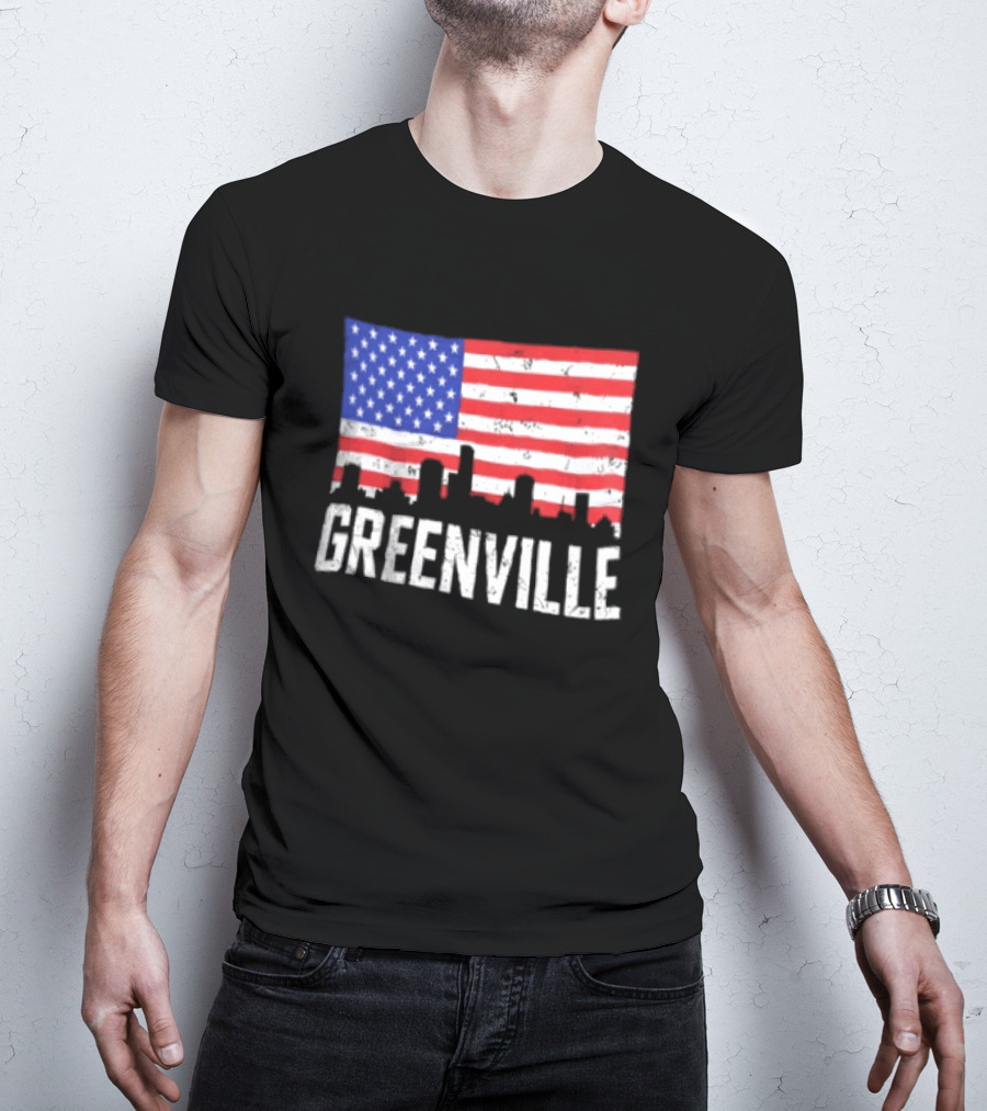 Greenville Skyline American Flag Cityscape T-Shirt