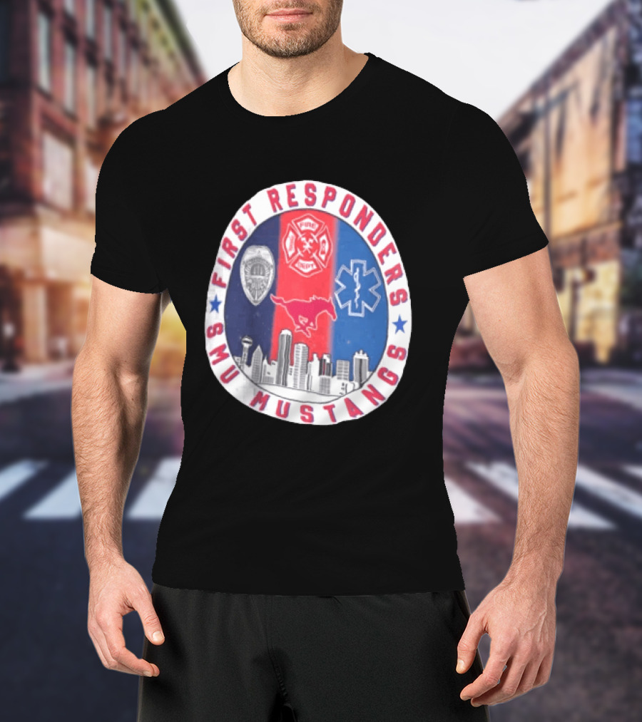 First Responders SMU Mustangs Emergency Services Tribute Skyline T-Shirt