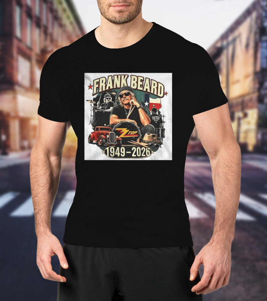 Frank Beard ZZ Top Rock Texas Drummer 1949 2026 Vintage Car And Drumsticks T-Shirt