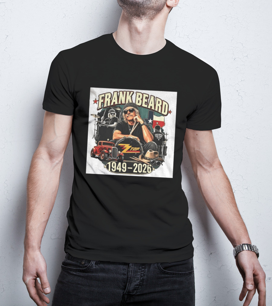 Frank Beard ZZ Top Rock Texas Drummer 1949 2026 Vintage Car And Drumsticks T-Shirt