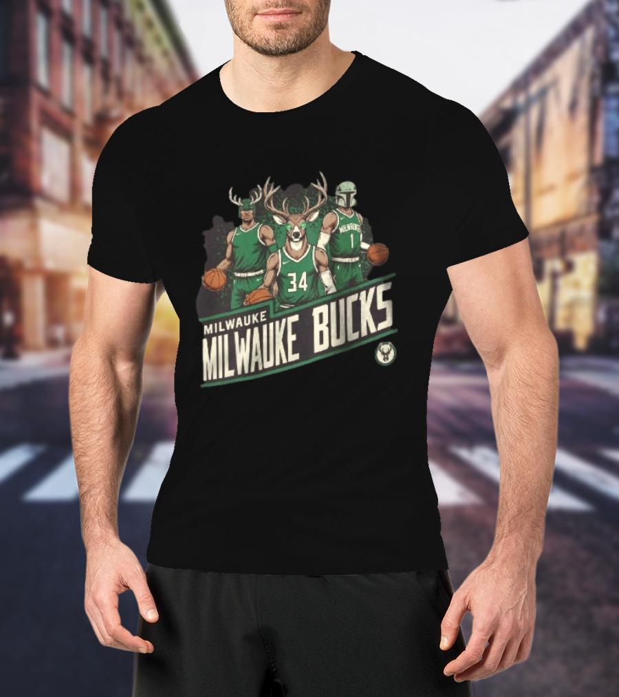 Milwaukee Bucks NBA Antler Helmet Buck Head Mandalorian Basketball Players T-Shirt