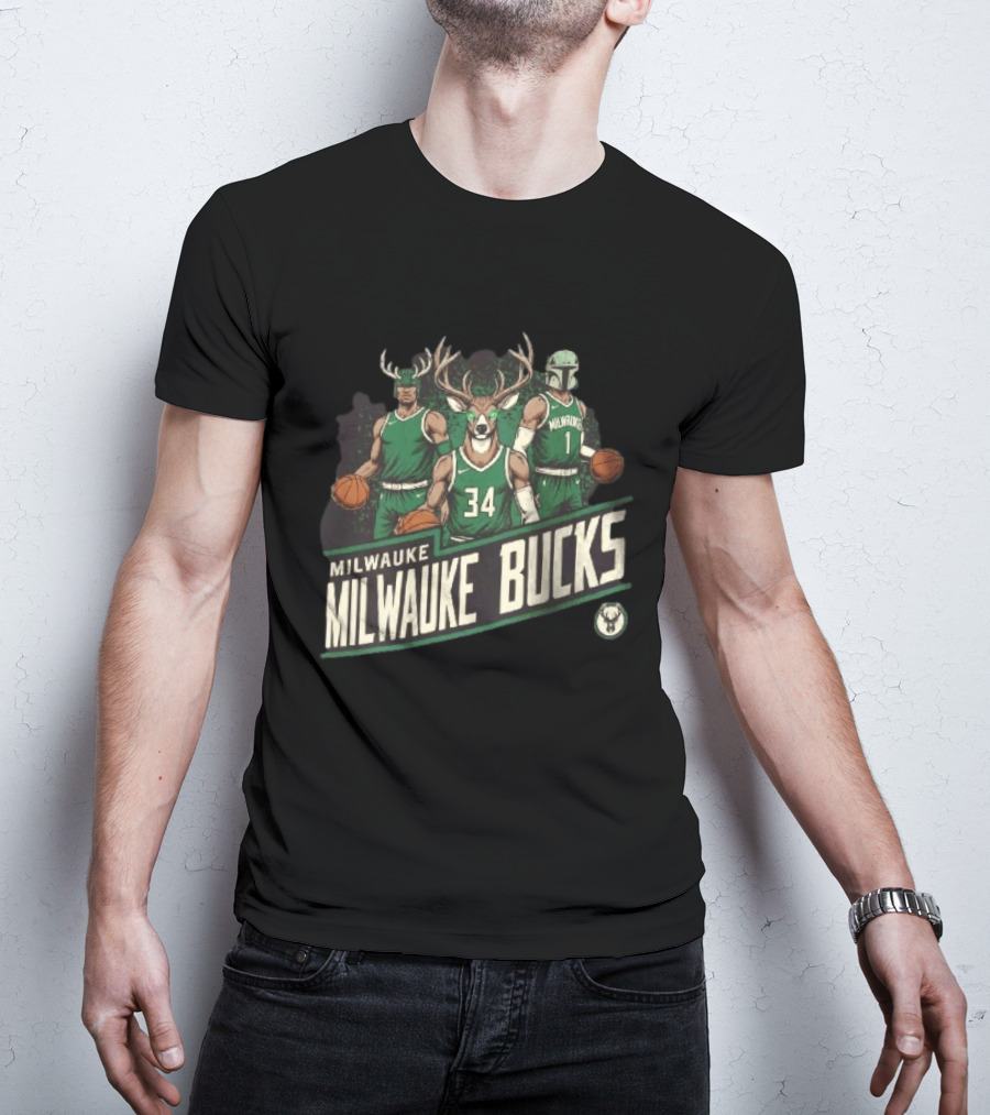 Milwaukee Bucks NBA Antler Helmet Buck Head Mandalorian Basketball Players T-Shirt