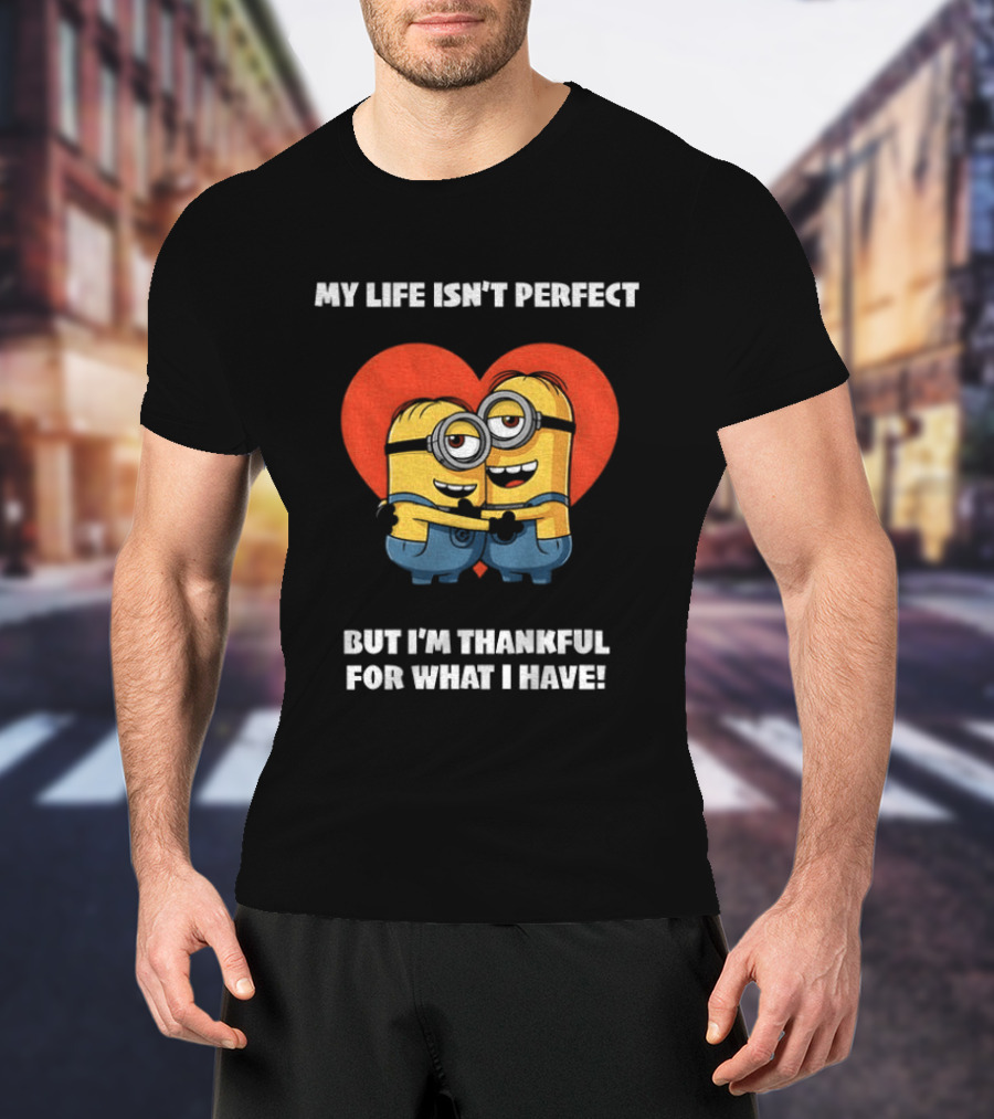 Minions My Life Isn't Perfect But I'm Thankful For What I Have Hugging Cartoon Characters T-Shirt