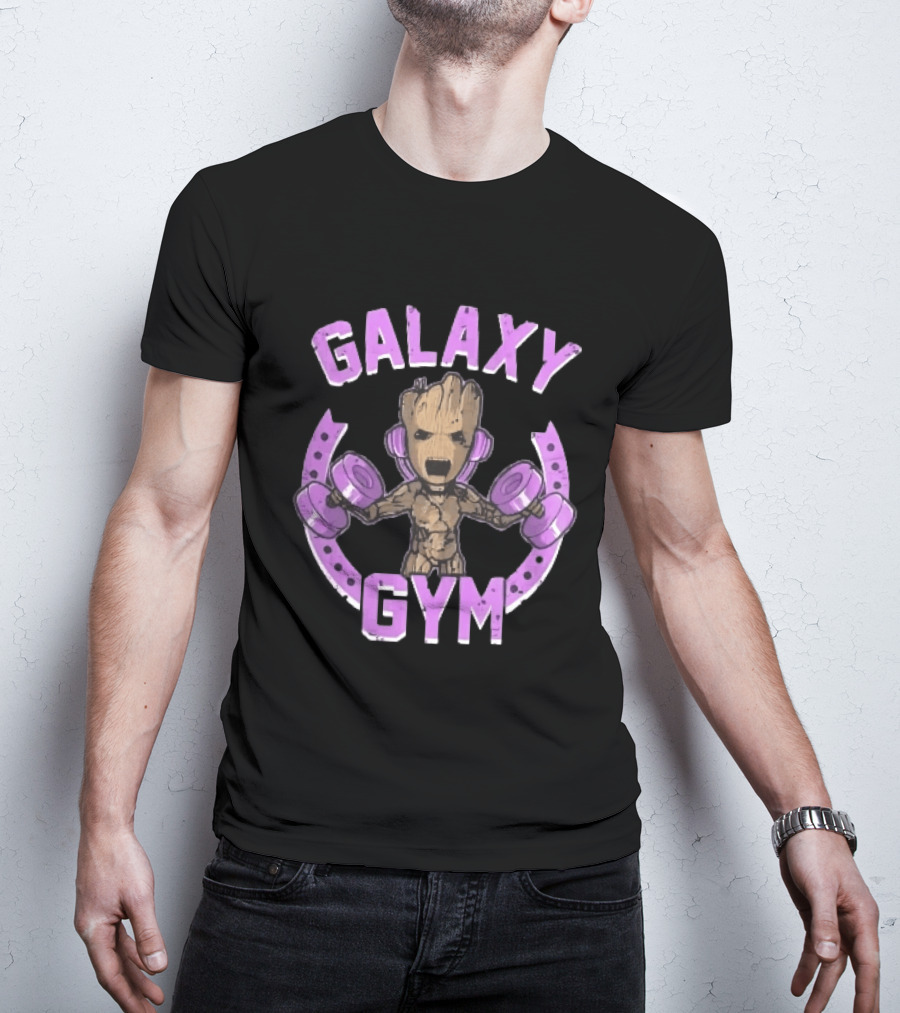 Galaxy Gym Cartoon Tree Lifting Dumbbells Headphones T-Shirt