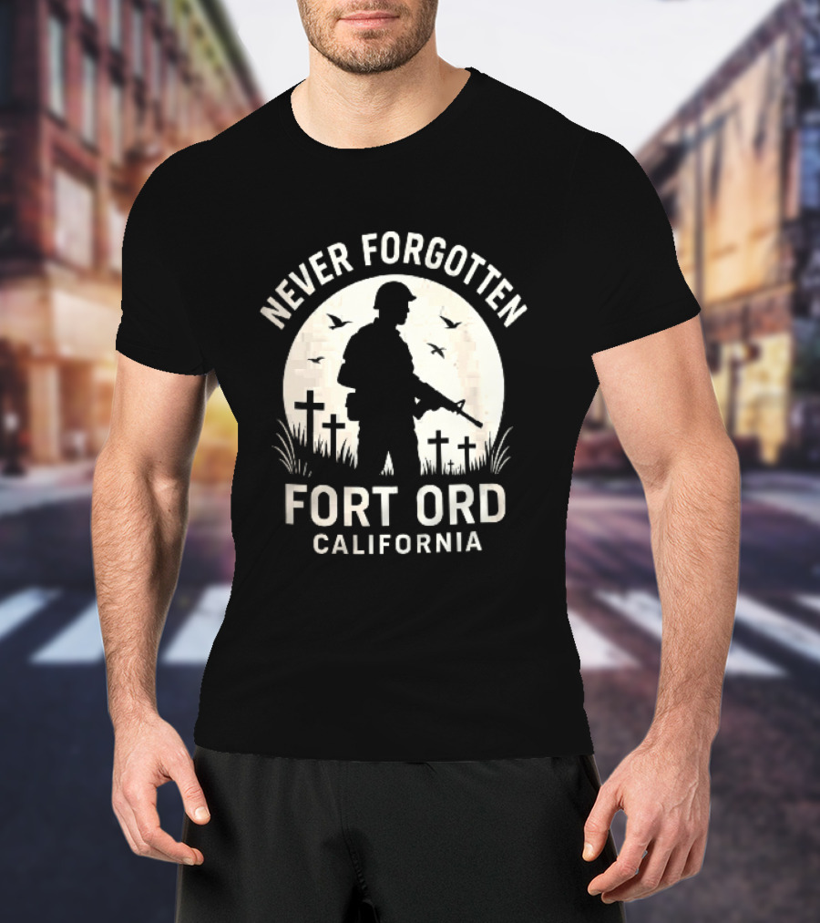Never Forgotten Fort Ord California Soldier Moon Crosses Birds T-Shirt