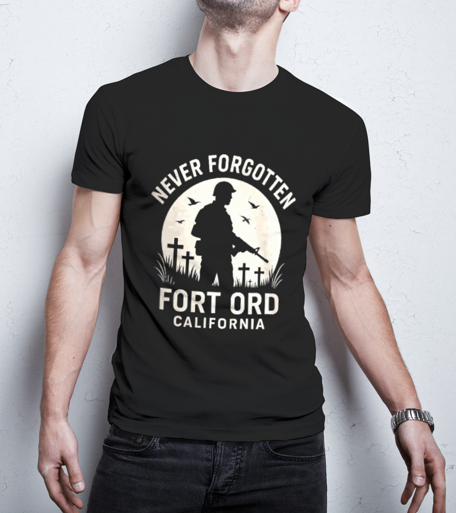 Never Forgotten Fort Ord California Soldier Moon Crosses Birds T-Shirt