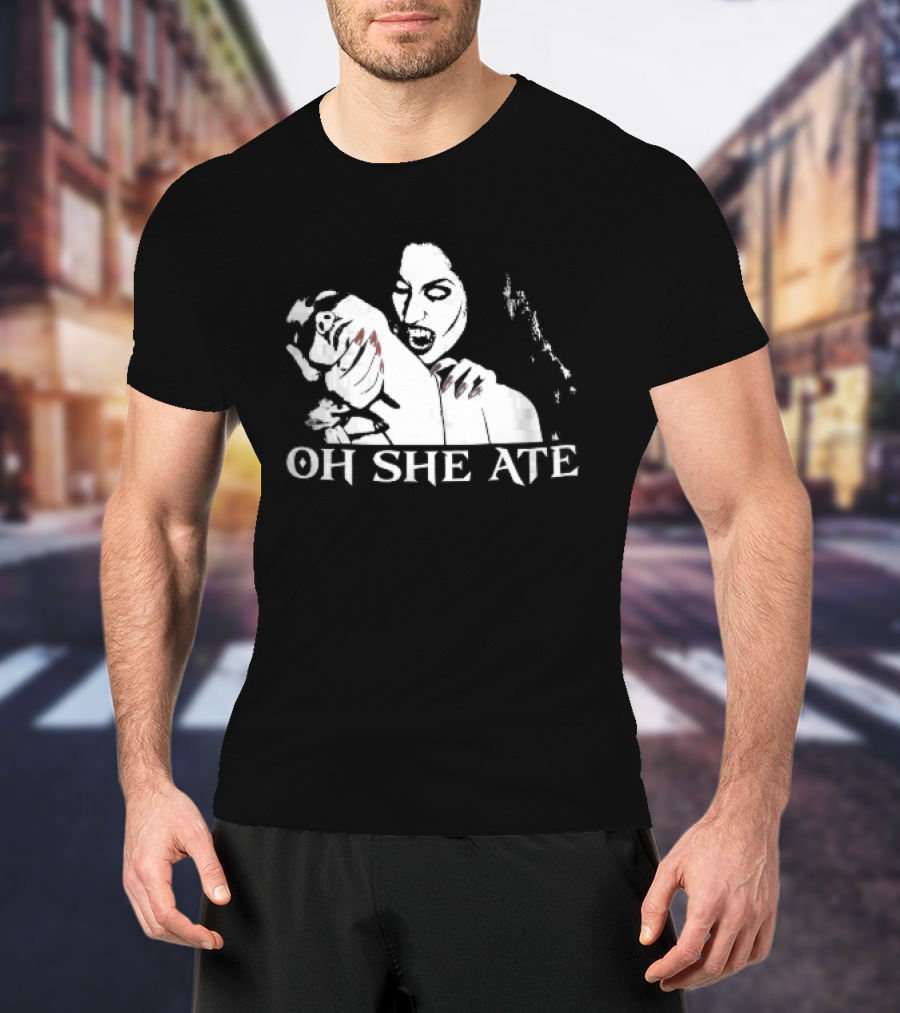 Oh She Ate Female Vampire Biting Neck Red Nails Stencil T-Shirt