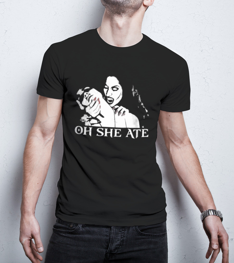 Oh She Ate Female Vampire Biting Neck Red Nails Stencil T-Shirt