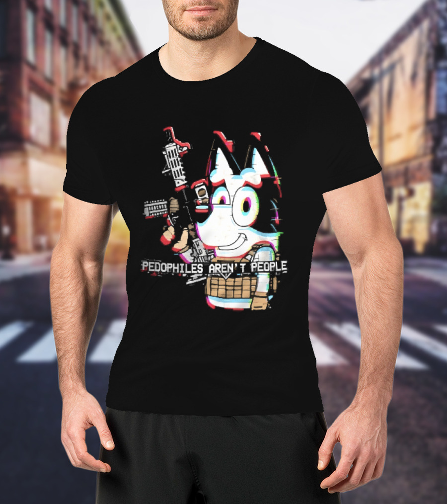 Pedophiles Aren't People Cartoon Dog Tactical Vest Assault Rifle Glitch Effect T-Shirt