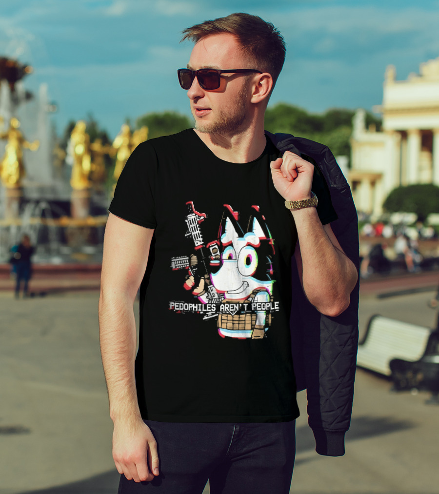 Pedophiles Aren't People Cartoon Dog Tactical Vest Assault Rifle Glitch Effect T-Shirt