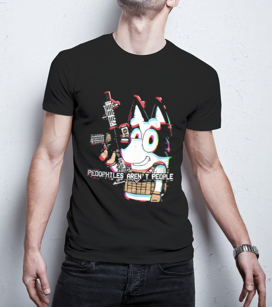 Pedophiles Aren't People Cartoon Dog Tactical Vest Assault Rifle Glitch Effect T-Shirt