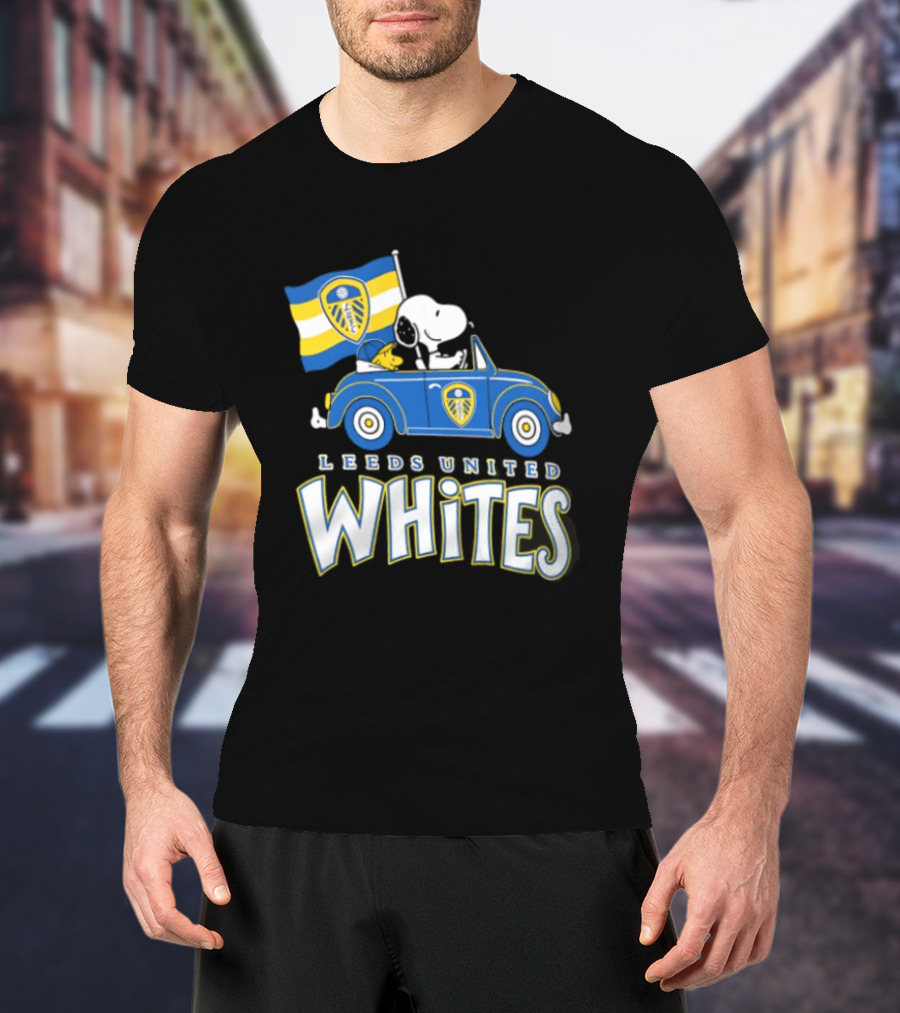 Leeds United Whites Snoopy Car Driving With Flag T-Shirt