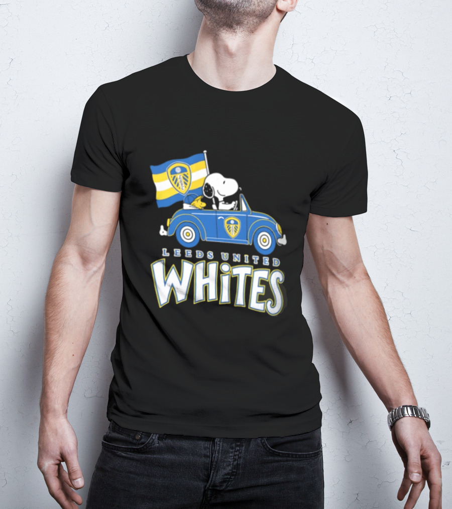 Leeds United Whites Snoopy Car Driving With Flag T-Shirt
