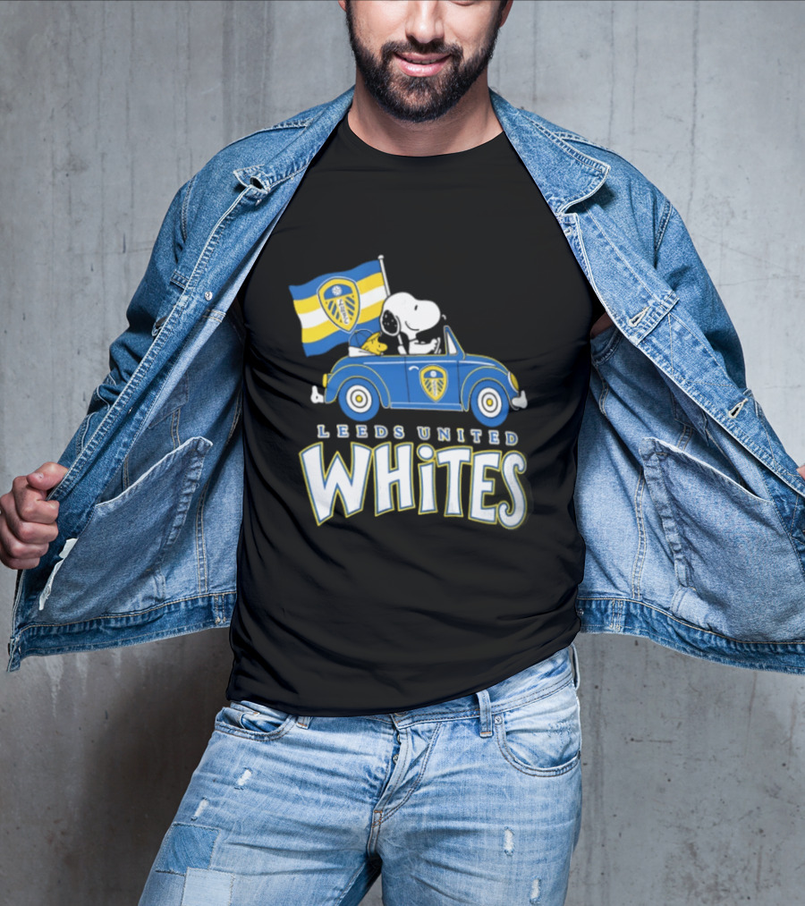 Leeds United Whites Snoopy Car Driving With Flag T-Shirt