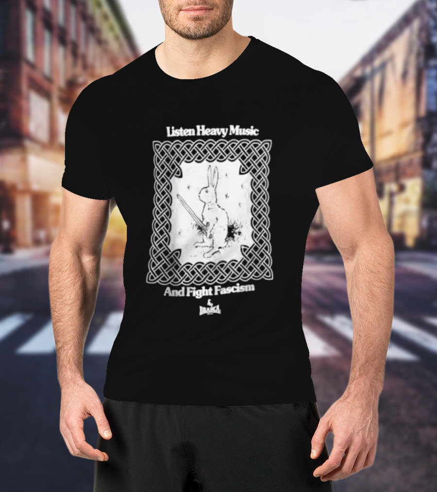 Listen Heavy Music And Fight Fascism Bunny With Sword Celtic Knot Frame T-Shirt