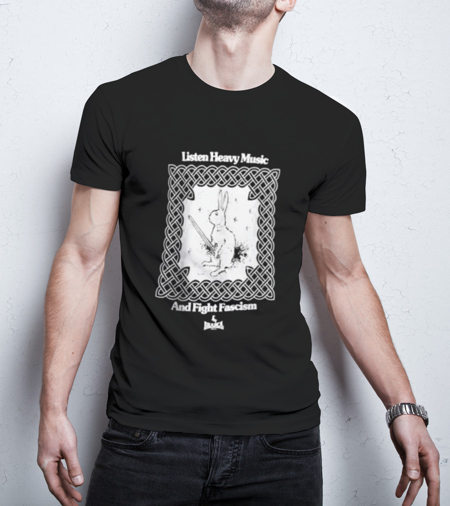 Listen Heavy Music And Fight Fascism Bunny With Sword Celtic Knot Frame T-Shirt